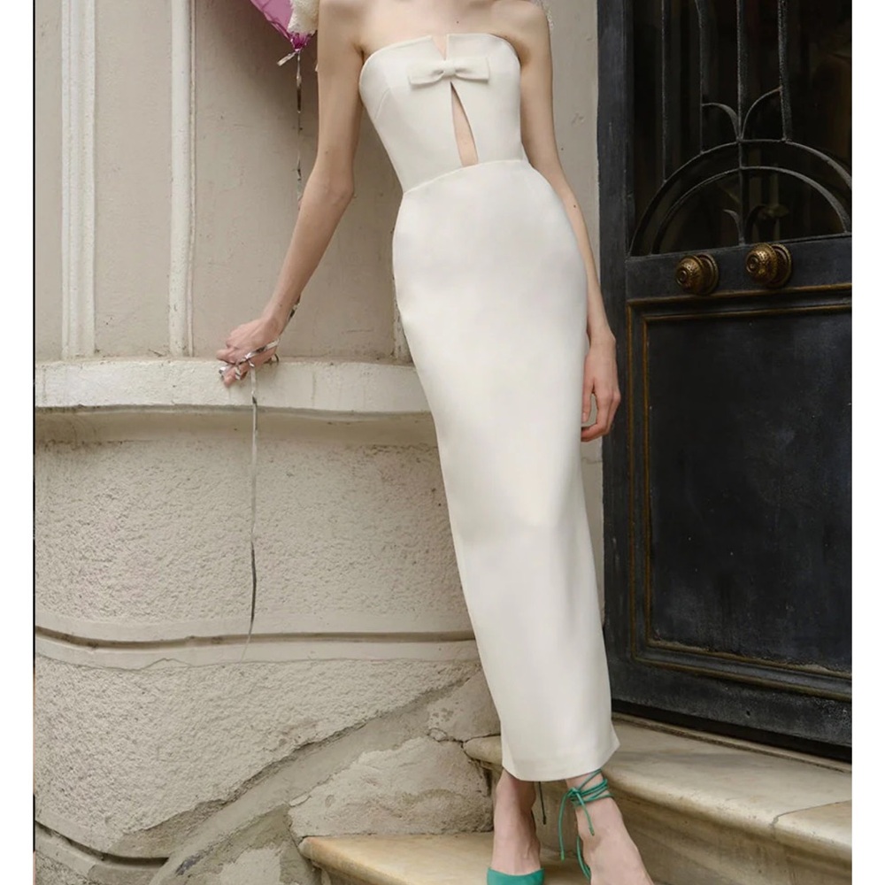 Strapless Ivory Midi Dress with Bow Detail